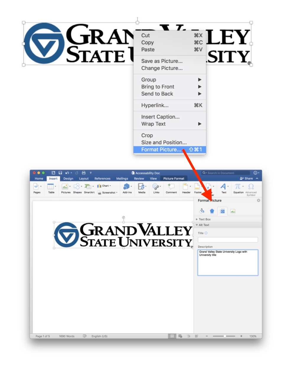 Top Half: Grand Valley State University Logo in a word document, right-clicked, Format Picture highlighted. Bottom Half: Format Picture Window Open with Layout and Properties Tab selected, text stating "Grand Valley State University Logo with University title" in Description box